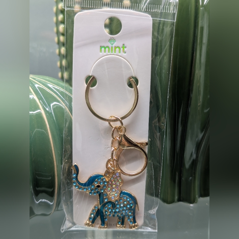 Mint Elephant Keychain/Bagcharm Gold w/Teal Rhinestones And Accents